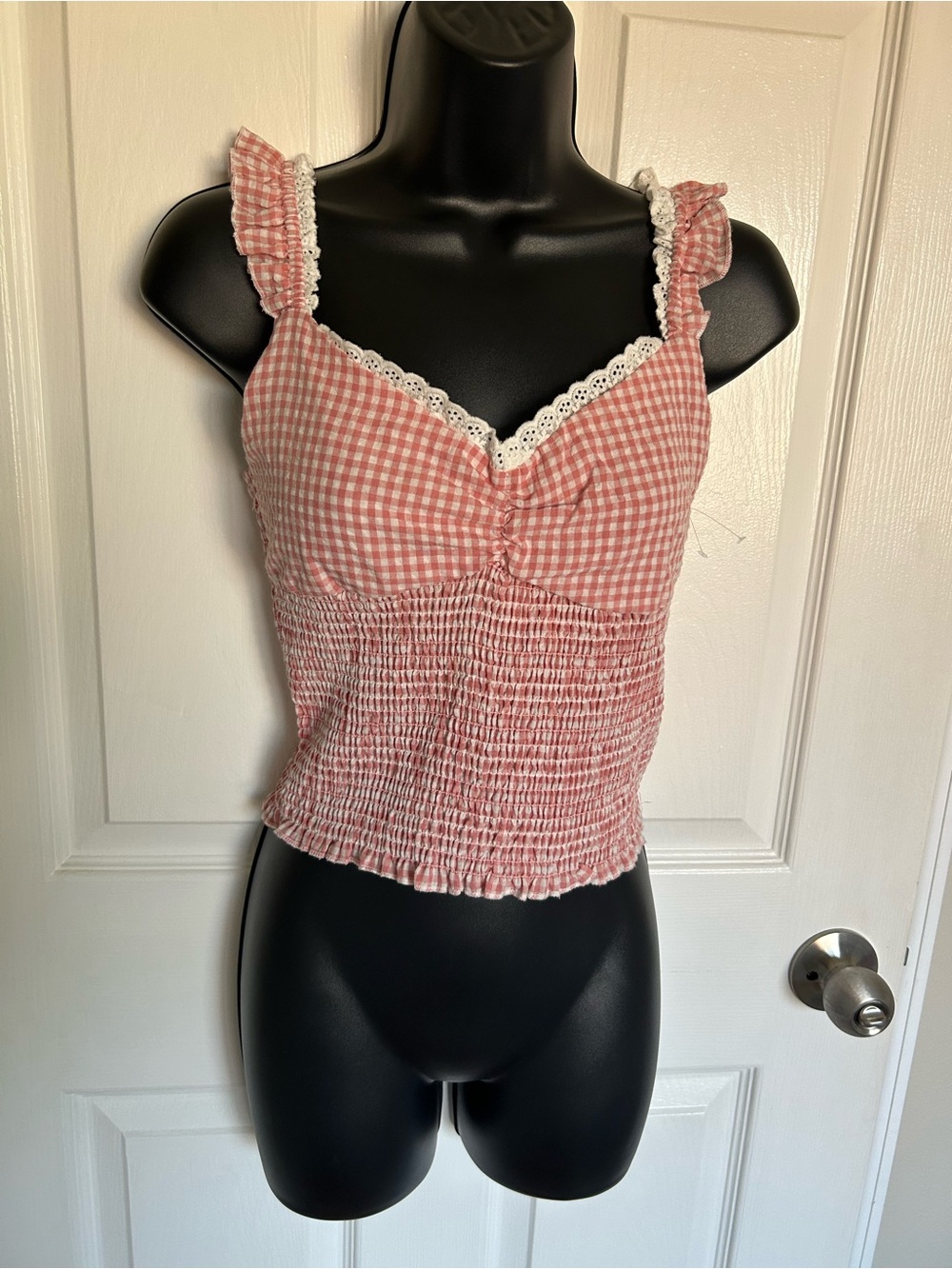 Passport Pink Gingham Smocked Camisole with Lace Trim